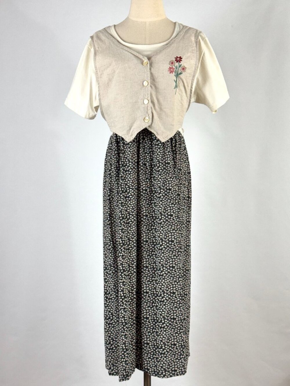 Vtg 90s Floral Rayon Dress Linen Built in Vest Embroidered Teacher Cottagecore